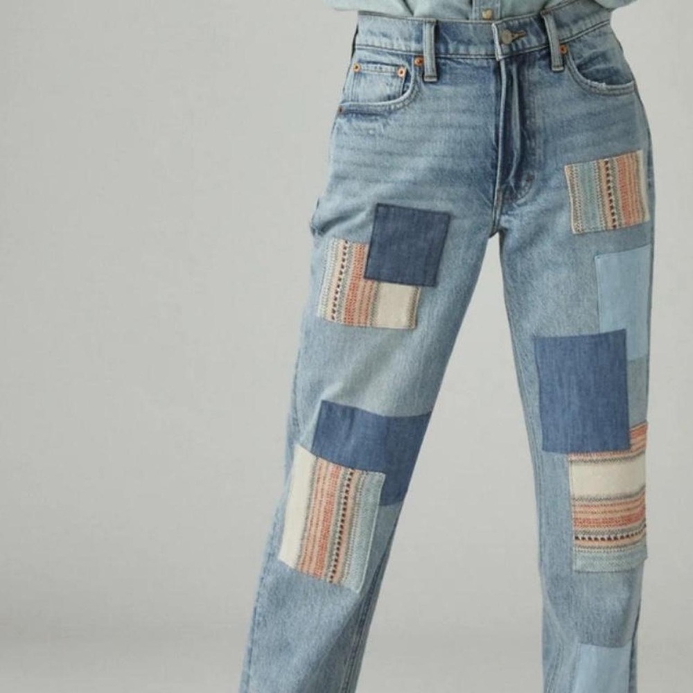 Lucky Brand Lucky Legend Mid Rise Boy Relaxed Straight Patchwork Jeans.